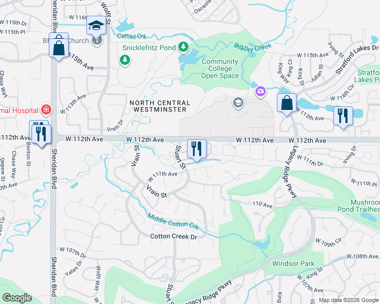 map of restaurants, bars, coffee shops, grocery stores, and more near 4105 West 111th Circle in Westminster
