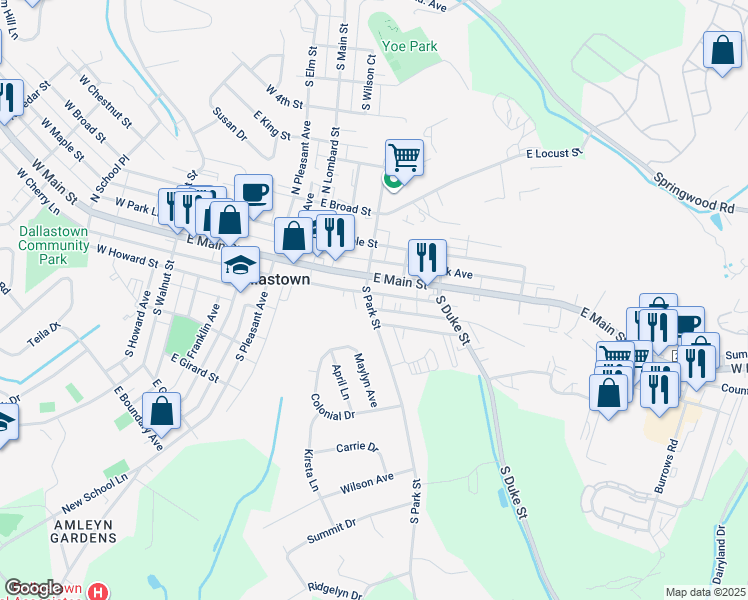 map of restaurants, bars, coffee shops, grocery stores, and more near 23 South Park Street in Dallastown