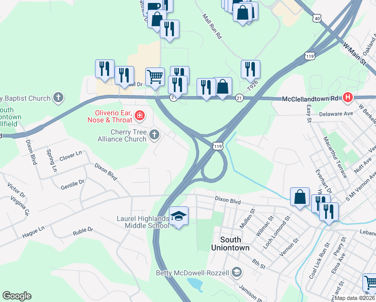 map of restaurants, bars, coffee shops, grocery stores, and more near 698 Cherry Tree Lane in Uniontown