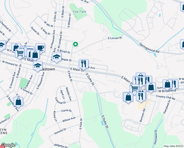 map of restaurants, bars, coffee shops, grocery stores, and more near 514 East Main Street in Dallastown