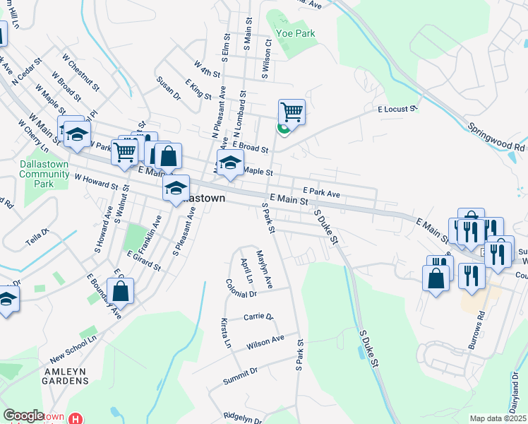 map of restaurants, bars, coffee shops, grocery stores, and more near 20 South Park Street in Dallastown