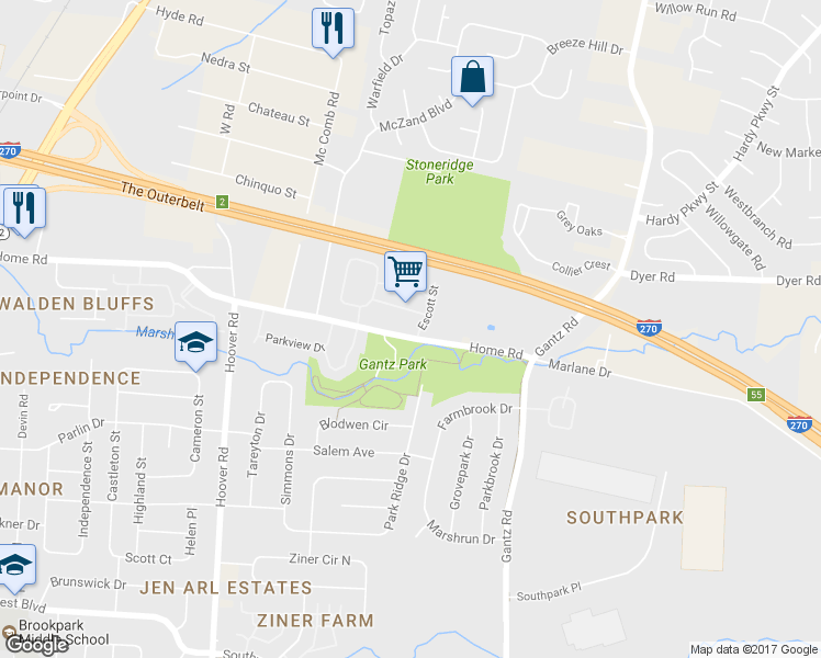 map of restaurants, bars, coffee shops, grocery stores, and more near 2160 Home Road in Grove City