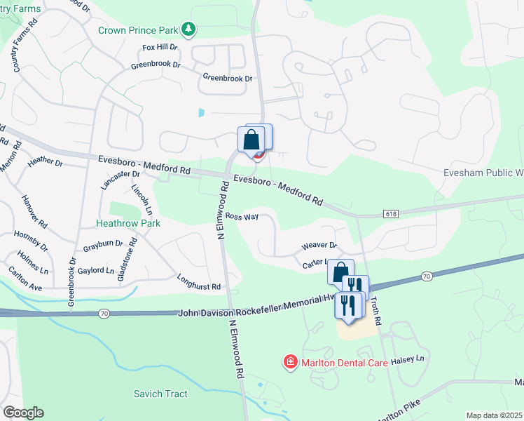 map of restaurants, bars, coffee shops, grocery stores, and more near 38 Ross Way in Evesham Township