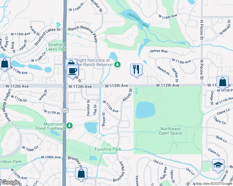 map of restaurants, bars, coffee shops, grocery stores, and more near 11147 Bryant Mews in Westminster