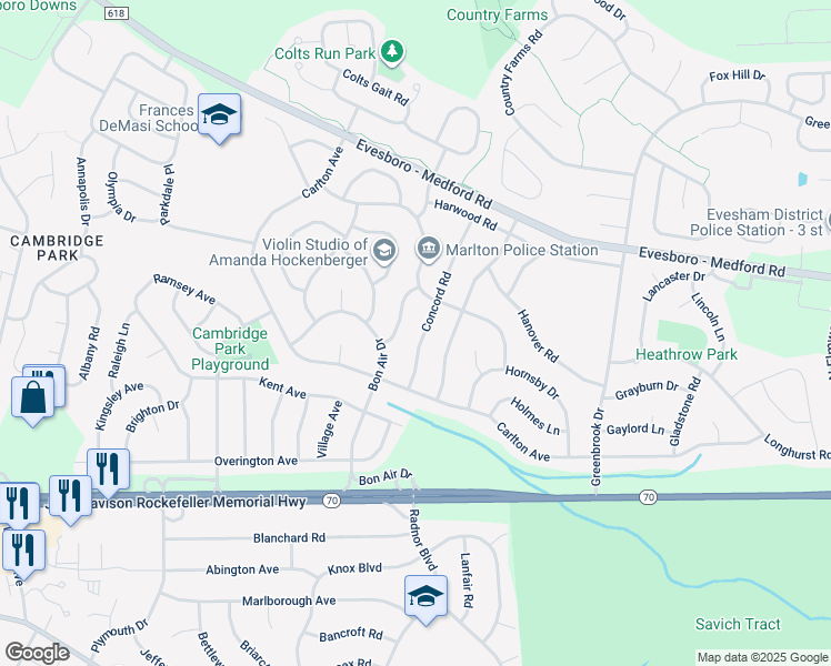 map of restaurants, bars, coffee shops, grocery stores, and more near 17 Concord Road in Evesham