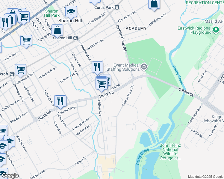 map of restaurants, bars, coffee shops, grocery stores, and more near 1054 Hook Road in Sharon Hill