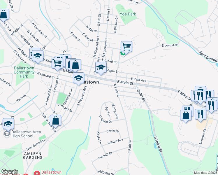 map of restaurants, bars, coffee shops, grocery stores, and more near 30 South Park Street in Dallastown