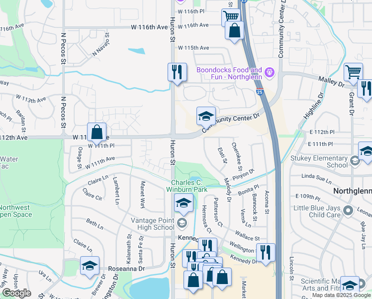 map of restaurants, bars, coffee shops, grocery stores, and more near 11152 Huron Street in Denver
