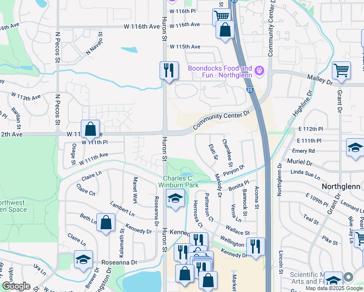 map of restaurants, bars, coffee shops, grocery stores, and more near 11152 Huron Street in Denver