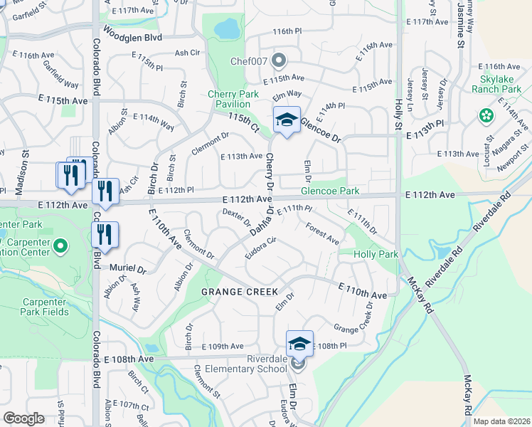 map of restaurants, bars, coffee shops, grocery stores, and more near 11140 Dahlia Drive in Thornton