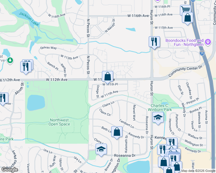 map of restaurants, bars, coffee shops, grocery stores, and more near 1337 West 111th Avenue in Northglenn