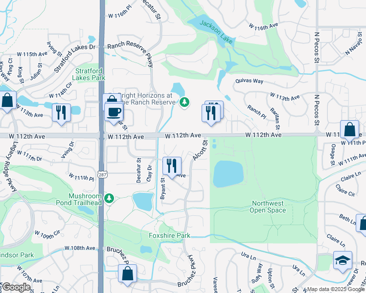 map of restaurants, bars, coffee shops, grocery stores, and more near 11147 Bryant Mews in Westminster