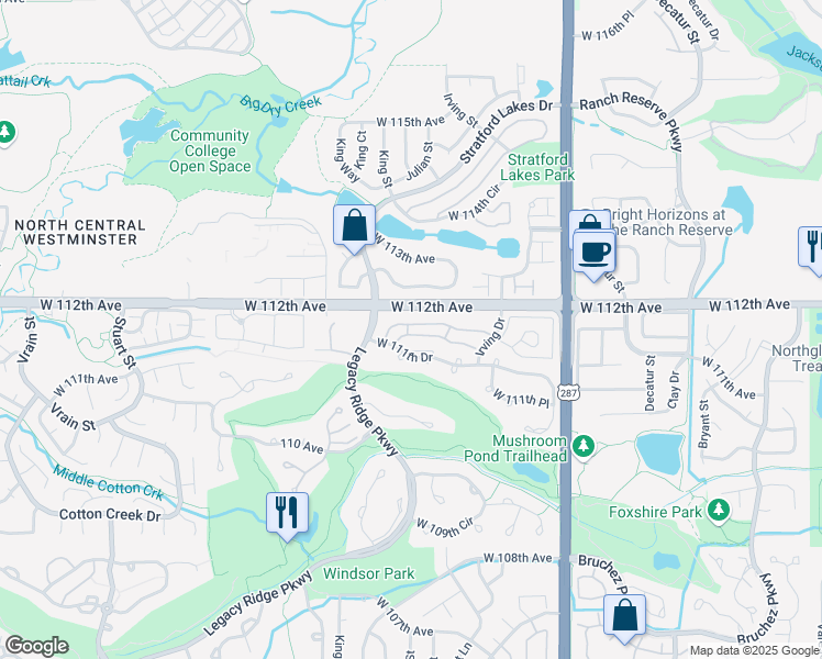map of restaurants, bars, coffee shops, grocery stores, and more near 3483 West 111th Drive in Westminster