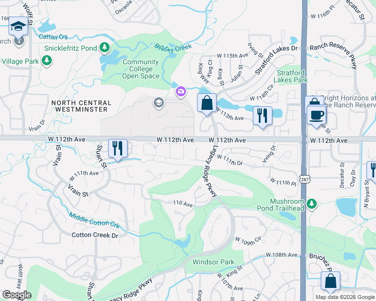 map of restaurants, bars, coffee shops, grocery stores, and more near 3638 West 111th Drive in Westminster
