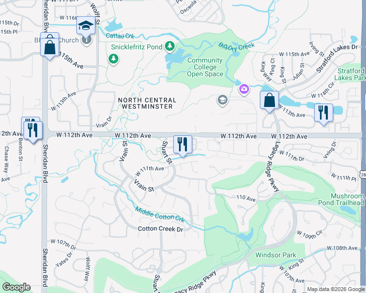map of restaurants, bars, coffee shops, grocery stores, and more near 4150 West 111th Circle in Westminster