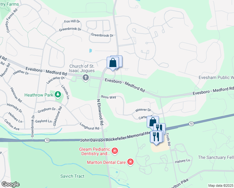 map of restaurants, bars, coffee shops, grocery stores, and more near 38 Ross Way in Evesham Township