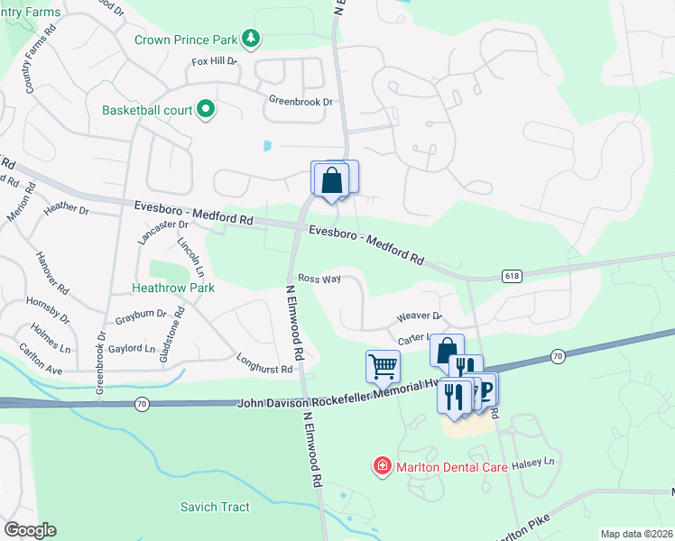 map of restaurants, bars, coffee shops, grocery stores, and more near 45 Ross Way in Evesham Township