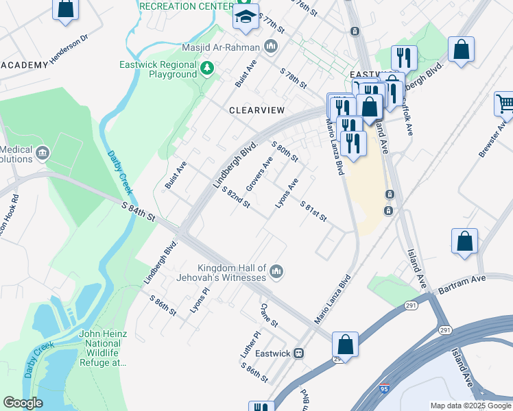map of restaurants, bars, coffee shops, grocery stores, and more near 2818 South 82nd Street in Philadelphia