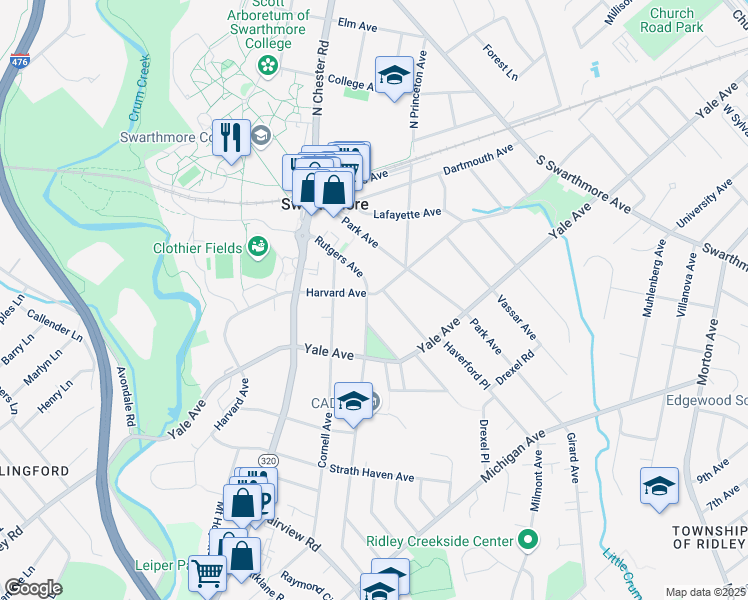 map of restaurants, bars, coffee shops, grocery stores, and more near 209 Rutgers Avenue in Swarthmore