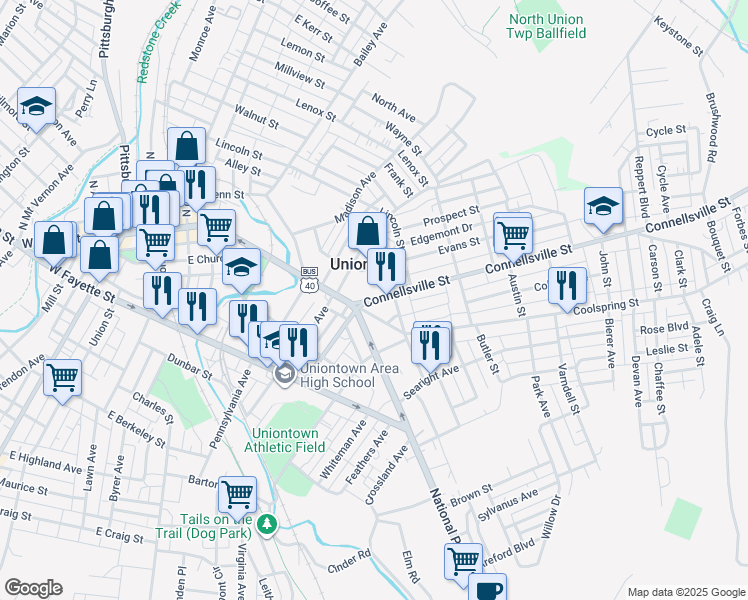 map of restaurants, bars, coffee shops, grocery stores, and more near 40 Connellsville Street in Uniontown