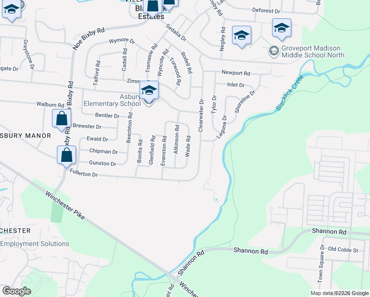 map of restaurants, bars, coffee shops, grocery stores, and more near 3876 Wade Road in Columbus