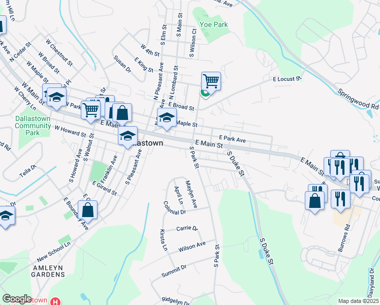 map of restaurants, bars, coffee shops, grocery stores, and more near 16 South Park Street in Dallastown