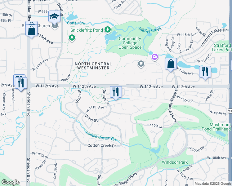 map of restaurants, bars, coffee shops, grocery stores, and more near 4150 West 111th Circle in Westminster