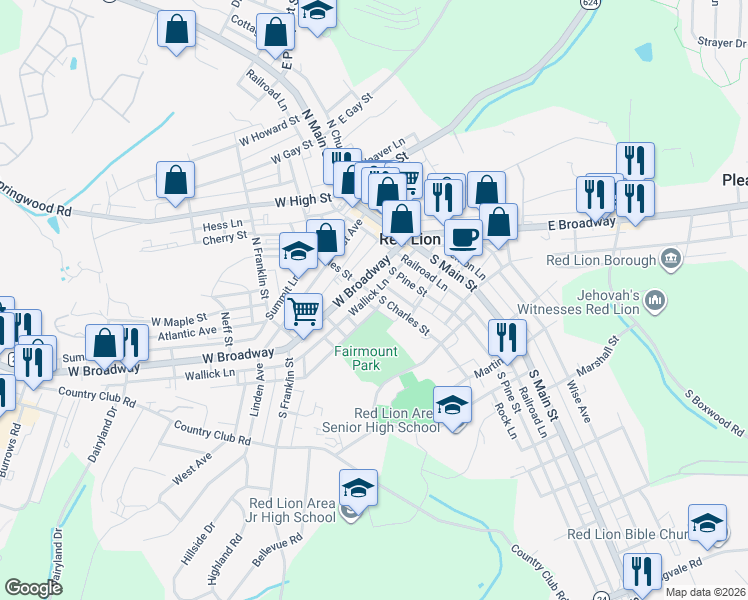 map of restaurants, bars, coffee shops, grocery stores, and more near 27 Boundary Avenue in Red Lion