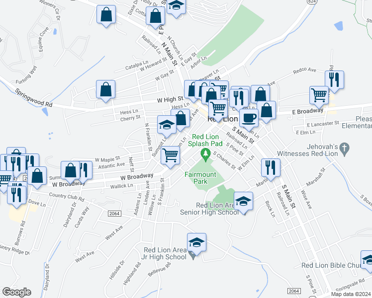 map of restaurants, bars, coffee shops, grocery stores, and more near 237 West Broadway in Red Lion