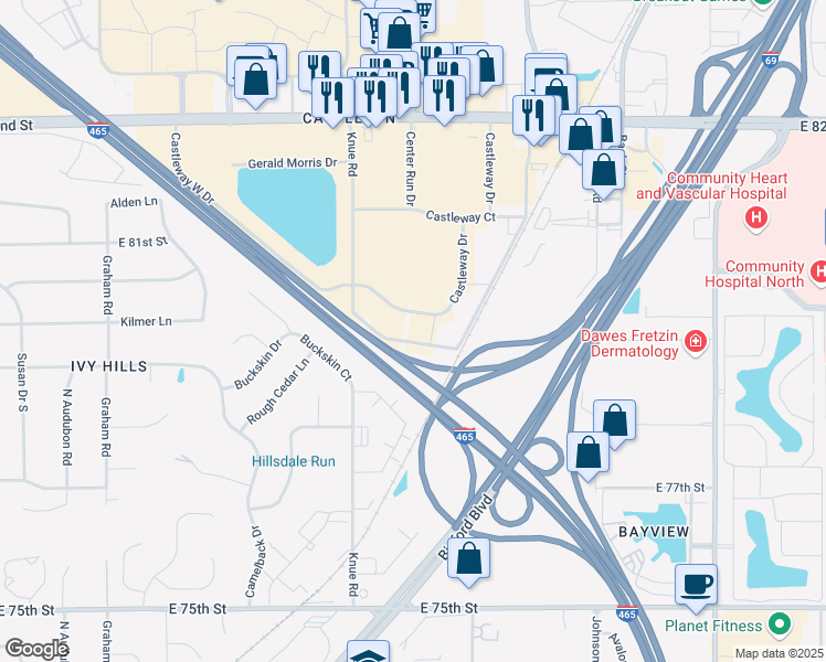 map of restaurants, bars, coffee shops, grocery stores, and more near 6415 Castleway West Drive in Indianapolis