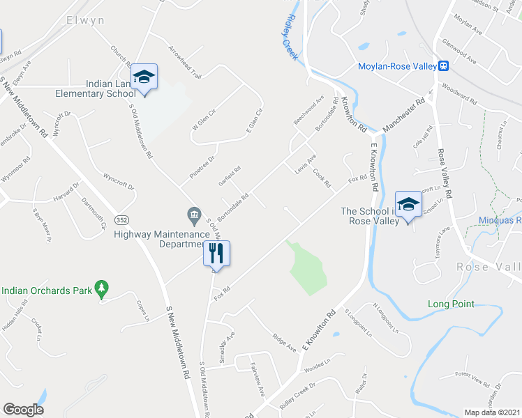 map of restaurants, bars, coffee shops, grocery stores, and more near 458 Woodcrest Lane in Media