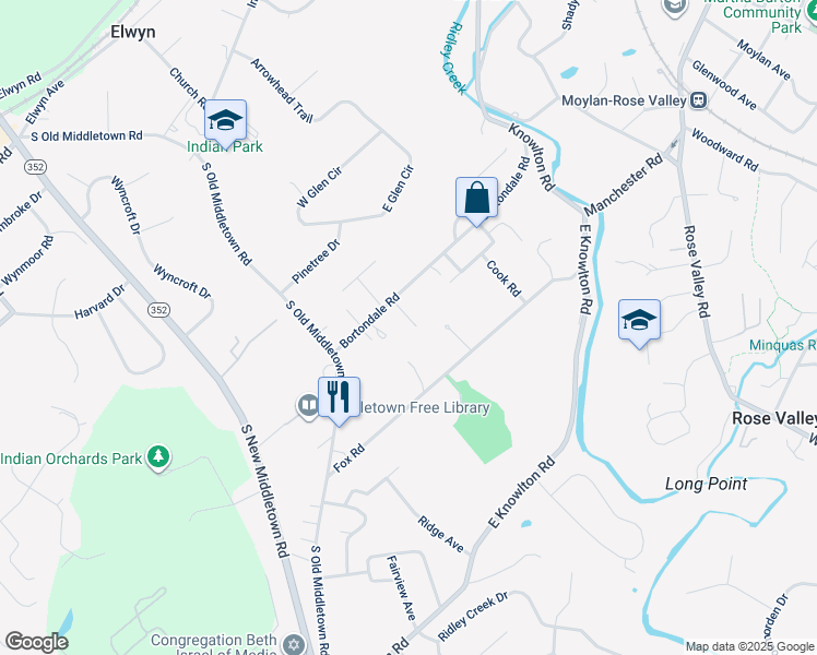 map of restaurants, bars, coffee shops, grocery stores, and more near 458 Woodcrest Lane in Media