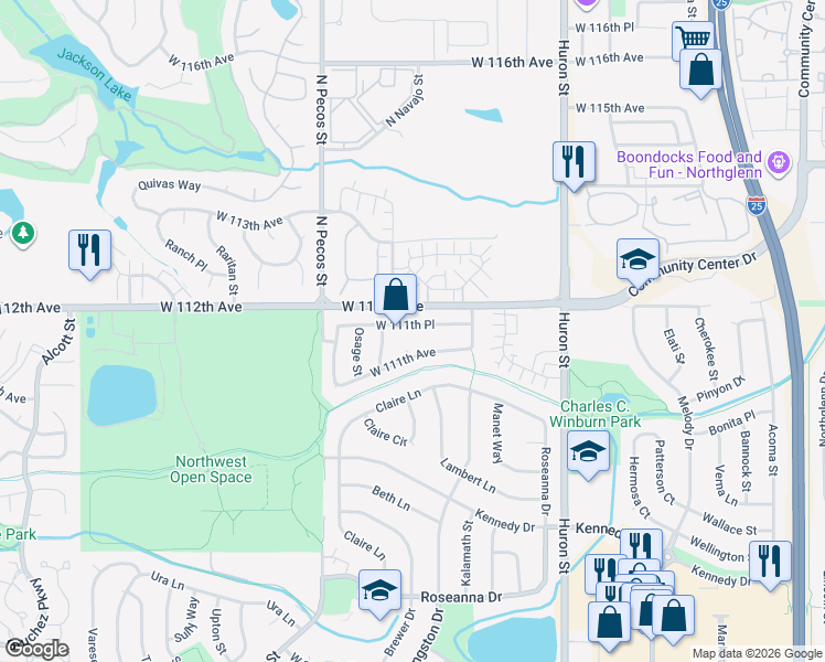 map of restaurants, bars, coffee shops, grocery stores, and more near 1337 West 111th Avenue in Northglenn