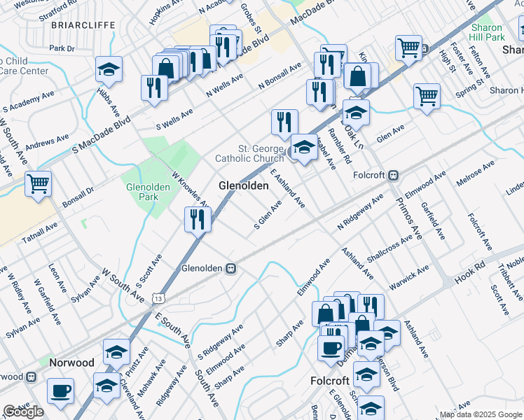map of restaurants, bars, coffee shops, grocery stores, and more near 42 East Boon Avenue in Glenolden