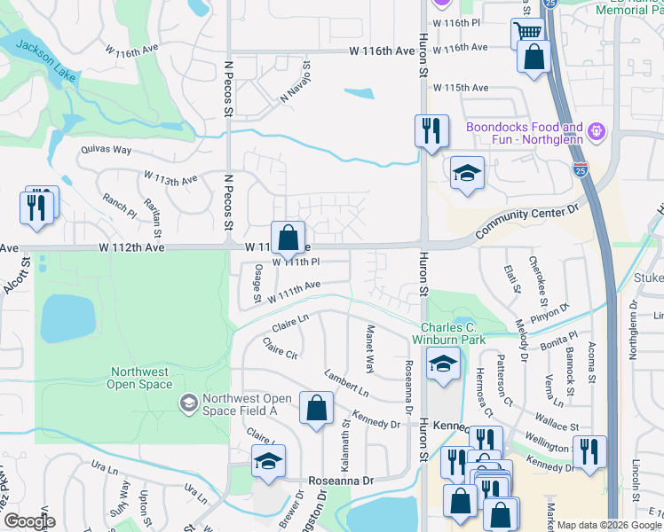 map of restaurants, bars, coffee shops, grocery stores, and more near 1227 West 111th Avenue in Northglenn