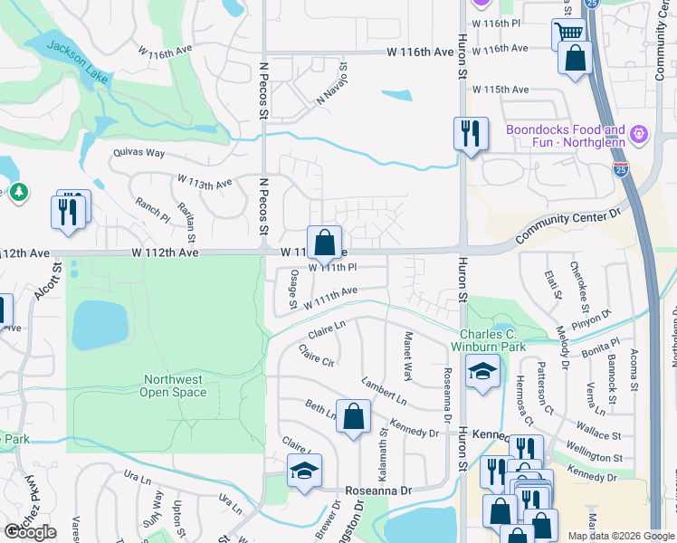 map of restaurants, bars, coffee shops, grocery stores, and more near 1337 West 111th Avenue in Northglenn