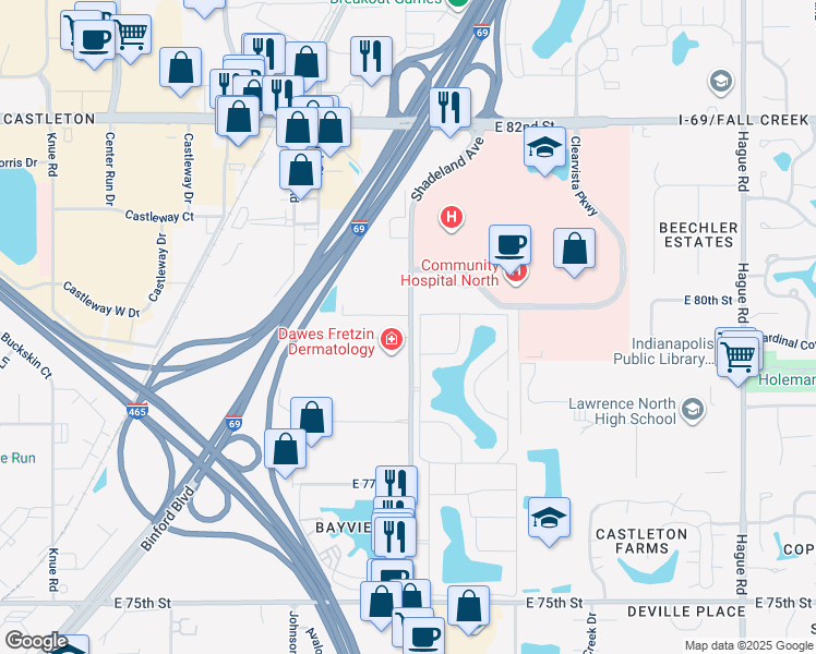 map of restaurants, bars, coffee shops, grocery stores, and more near 7897-7915 Shadeland Avenue in Indianapolis