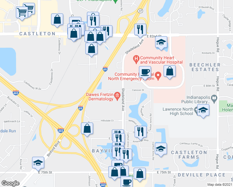 map of restaurants, bars, coffee shops, grocery stores, and more near 7914 Shadeland Avenue in Indianapolis