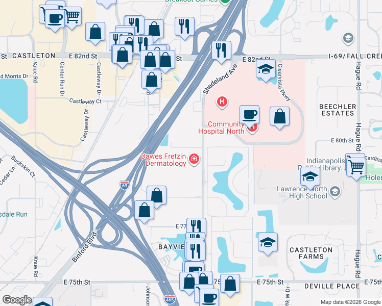 map of restaurants, bars, coffee shops, grocery stores, and more near 7914 Shadeland Avenue in Indianapolis