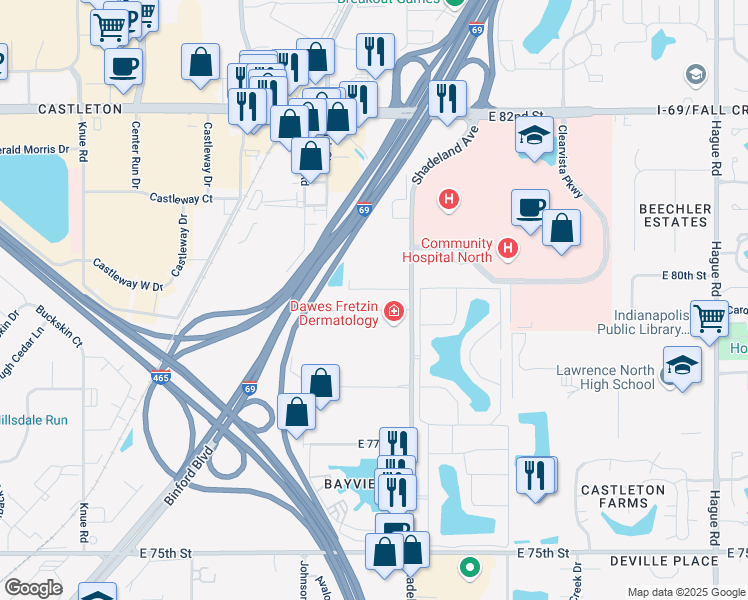 map of restaurants, bars, coffee shops, grocery stores, and more near 7914 Shadeland Avenue in Indianapolis