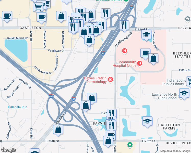 map of restaurants, bars, coffee shops, grocery stores, and more near 7930 North Shadeland Avenue in Indianapolis