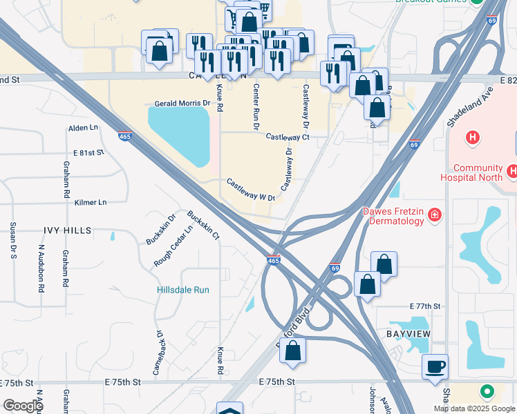 map of restaurants, bars, coffee shops, grocery stores, and more near 6415 Castleway West Drive in Indianapolis