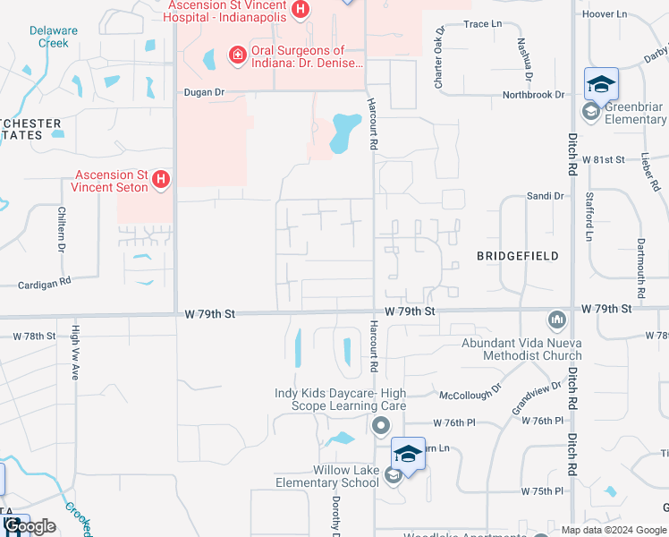 map of restaurants, bars, coffee shops, grocery stores, and more near 2047 Dunbarton Court West in Indianapolis