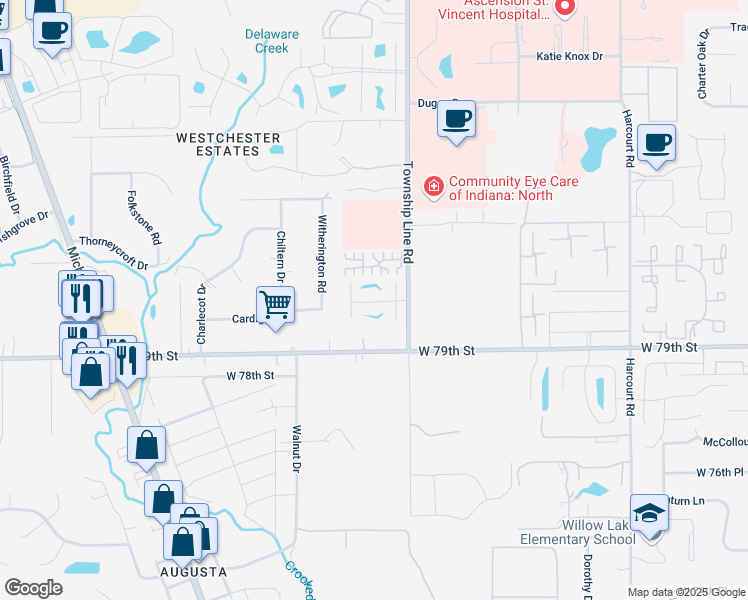 map of restaurants, bars, coffee shops, grocery stores, and more near 7939 Mercedes Drive in Indianapolis