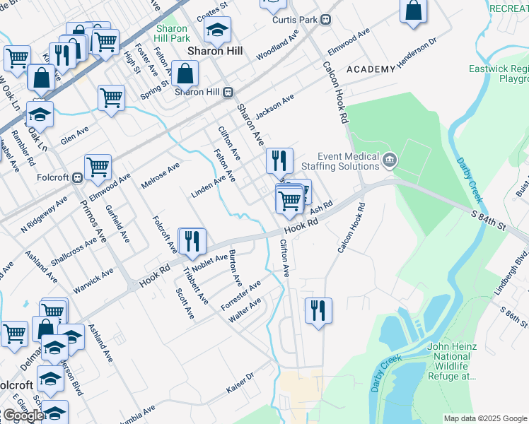 map of restaurants, bars, coffee shops, grocery stores, and more near 908 Clifton Avenue in Sharon Hill