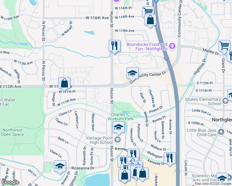 map of restaurants, bars, coffee shops, grocery stores, and more near 11152 Huron Street in Denver