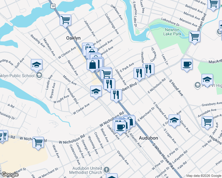 map of restaurants, bars, coffee shops, grocery stores, and more near 2100 White Horse Pike in Audubon