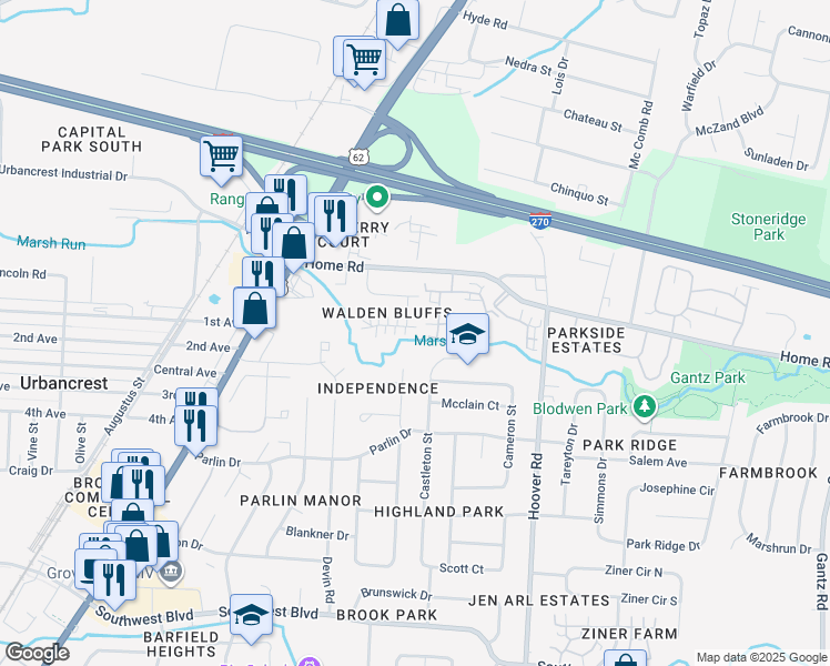 map of restaurants, bars, coffee shops, grocery stores, and more near 2689 Walden Bluff Court in Grove City