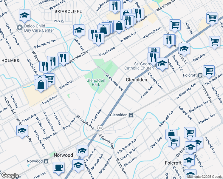 map of restaurants, bars, coffee shops, grocery stores, and more near 218 South Scott Avenue in Glenolden