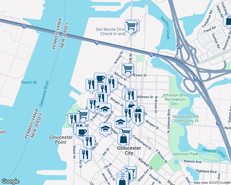map of restaurants, bars, coffee shops, grocery stores, and more near 313 Hudson Street in Gloucester City
